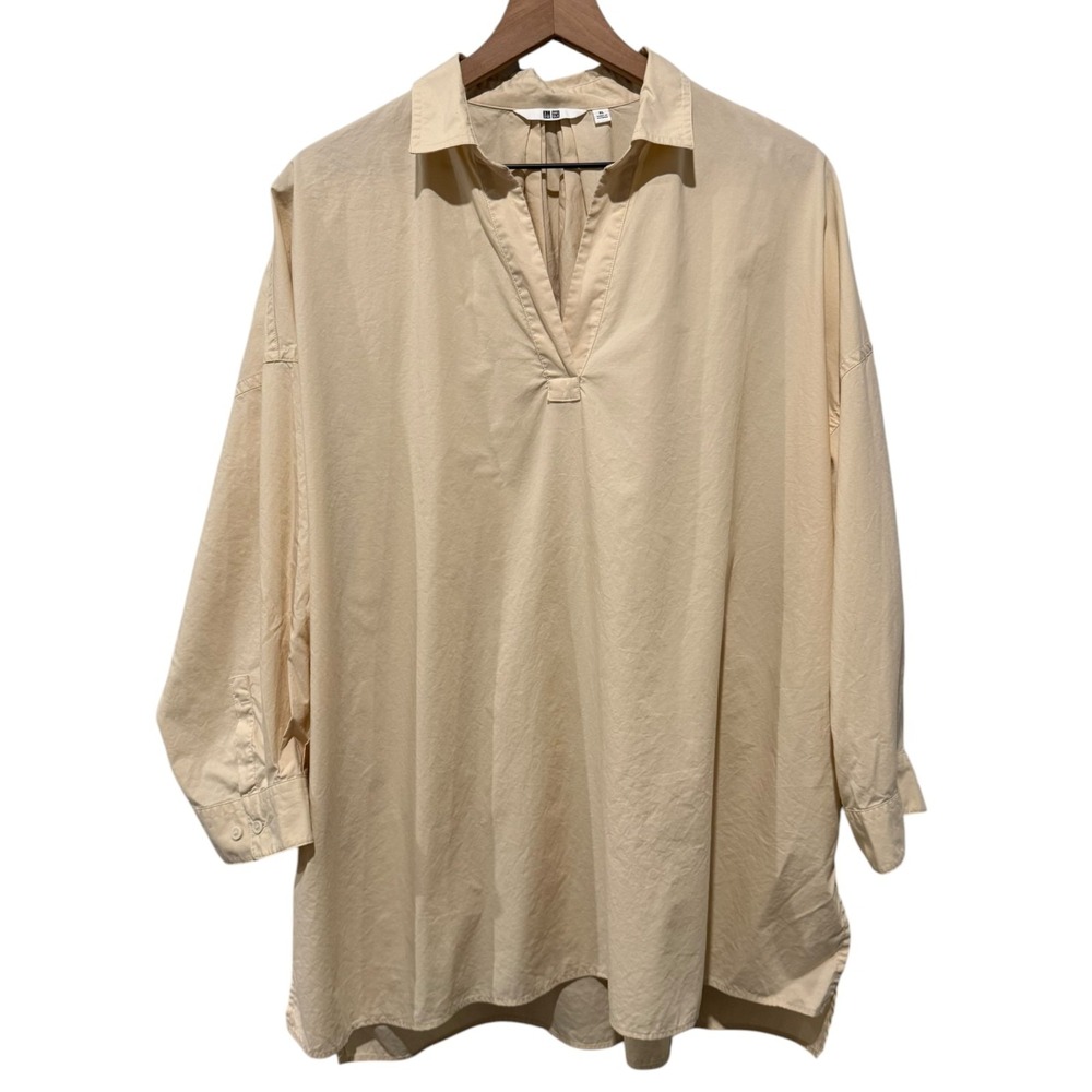 Uniqlo Shirt Womens XL Cream Long Sleeve Top Cotton V-Neck Tunic Lagenlook